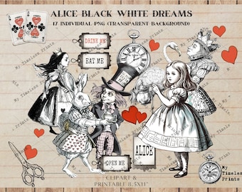 Clipart vintage de Alice no País das Maravilhas, imagens PNG em preto e branco (download digital)