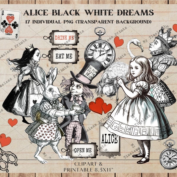 Alice's Black & White Dreams, Vintage Alice in Wonderland, 17 Digital Clipart Scrapbooking, Card Making, Digital Download, Junk Journal, PNG