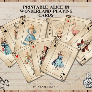 Carte da gioco stampabili di Alice nel Paese delle Meraviglie, mazzo completo di carta per la creazione di scrapbooking, download immediato, foglio di collage digitale, PNG, JPG