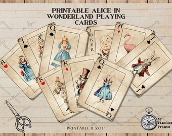 Cartas de jogar Alice no País das Maravilhas para impressão, artesanato em papel de baralho completo, scrapbooking, download instantâneo, folha de colagem digital, PNG, JPG