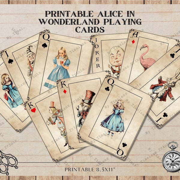 Printable Alice in Wonderland playing cards,  full deck paper crafting scrapbooking craft instant download digital collage sheet, PNG, JPG