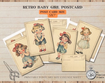 Puede incluir: Hoja de collage imprimible con cinco ilustraciones vintage de bebés niñas con vestidos. Cada ilustración está enmarcada con un borde de color crema y tiene una etiqueta de "Tarjeta postal". La hoja está diseñada para crear postales de 12,7 x 17,8 cm.