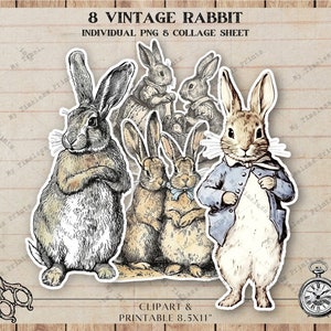 Vintage Rabbit Retro Easter Bunny ATC Digital Collage Sheet Scrapbooking Card Making Digital Download Junk Journal, Antique Rabbit Sketch