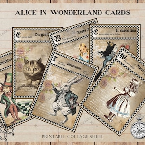 Cartes imprimables Alice au pays des merveilles, téléchargement numérique instantané, cartes Alice ATC, scrapbooking Alice, feuille de collage numérique pour fabrication de cartes Alice