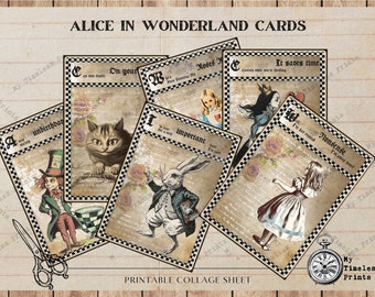 Printable Alice in Wonderland cards, digital instant download, Alice ATC cards, Alice scrapbooking, Alice cardmaking digital collage sheet