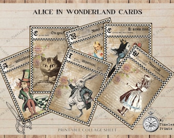 Printable Alice in Wonderland cards, digital instant download, Alice ATC cards, Alice scrapbooking, Alice cardmaking digital collage sheet