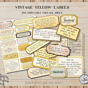 Etichette gialle vintage, Ephemera, creazione di carta scrapbooking mestiere download immediato foglio di collage digitale, PNG, primavera, etichette diario spazzatura