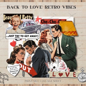 Ritorno all'amore: vibrazioni retrò, collage digitale di coppie vintage, scrapbooking, creazione di cartoline, download digitale, abbellimento di persone, stravagante