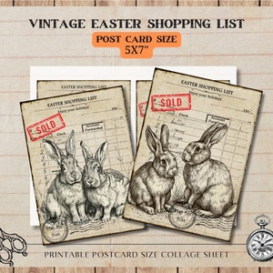 Lista della spesa pasquale vintage, coniglietto pasquale, foglio di collage digitale formato cartolina Scrapbooking, creazione di cartoline, download digitale, diario spazzatura