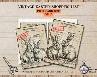 Vintage Easter Shopping List, Easter Bunny, Postcard size Digital Collage Sheet Scrapbooking, Card Making, Digital Download, Junk Journal