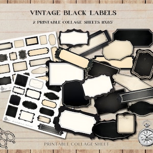 Vintage Black Labels, Ephemera, papier do rękodzieła, scrapbooking, natychmiastowe pobieranie, cyfrowy arkusz kolażu, PNG, JPG, etykiety, dziennik śmieci