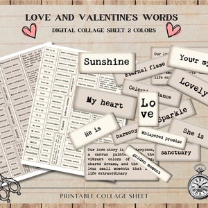 Foglio di collage digitale Amore e parole e frasi di San Valentino Citazioni Amore di San Valentino cartolina di San Valentino stampabile vintage Diario spazzatura