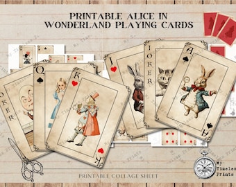 Cartas de jogar Alice no País das Maravilhas para impressão, artesanato em papel de baralho completo, scrapbooking, download instantâneo, folha de colagem digital, PNG, JPG