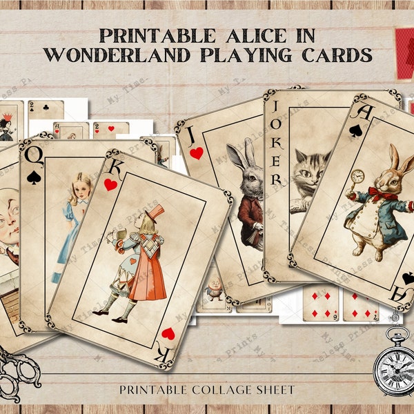 Printable Alice in Wonderland playing cards,  full deck paper crafting scrapbooking craft instant download digital collage sheet, PNG, JPG