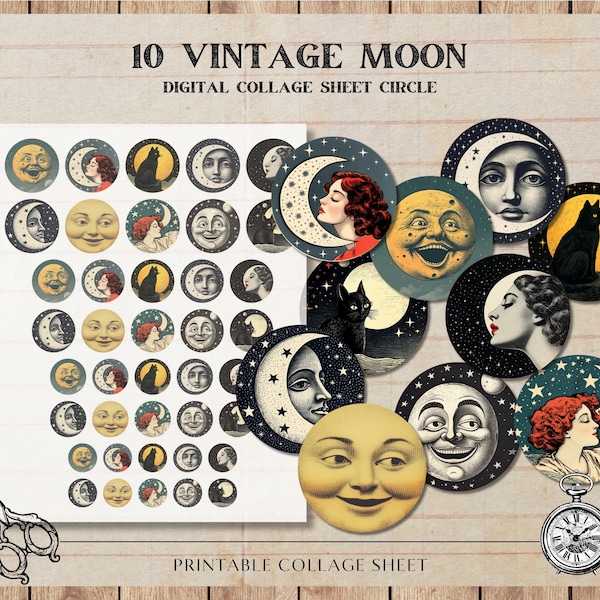 Vintage moon Digital collage sheet circle bottle cap moon, digital images Vintage Moon, one inch circle moon, Scrapbooking, Card Making