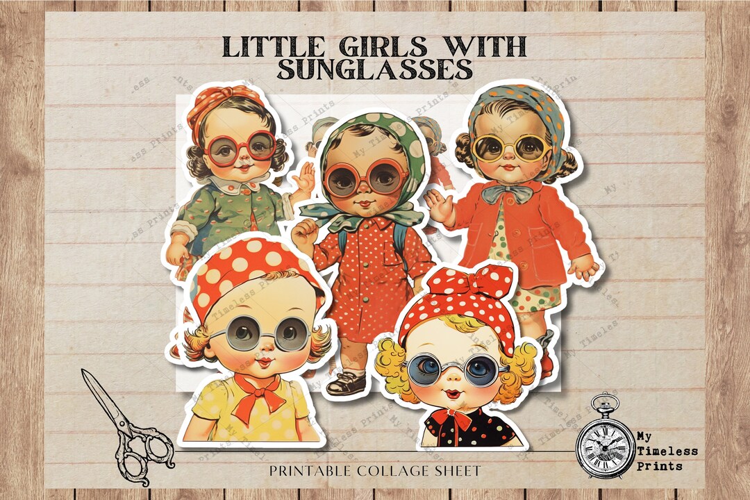 Little Girls With Sunglasses, Digital Printable Collage Sheet Retro ...
