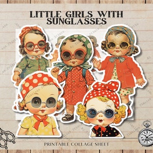 Bambine con occhiali da sole, bambole retrò con foglio collage stampabile digitale, dolly dingle, immagine stampabile scrapbooking, download digitale