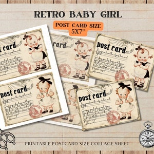 Retro Baby Girls, Vintage Child 50's, Tamaño postal Hoja de collage digital Scrapbooking, Fabricación de tarjetas, PNG, Descarga digital, Diario basura