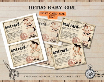 Retro Baby Girls, Vintage Child 50's, Postcard size Digital Collage Sheet Scrapbooking, Card Making, PNG, Digital Download, Junk Journal