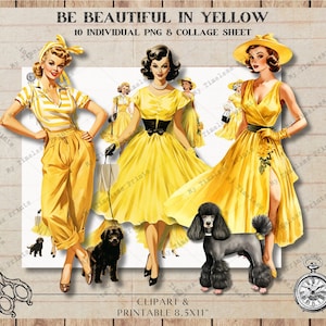 Sé hermoso en amarillo, Vintage Ladies 50's Digital Collage Sheet Scrapbooking Card Making PNG Descarga digital Junk Journal Retro Glamour