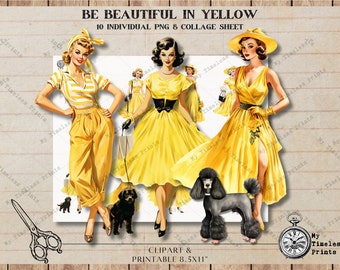 Vintage Yellow Fashion Clipart, 1950s Ladies, Dog Images (Digital Download)