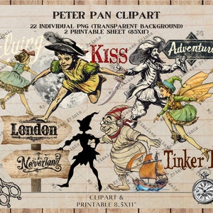 Peter Pan Clipart Neverland Clip Art Digital Wendy Neverland, Clipart Digital Scrapbooking, Criação de Cartões, Download Digital, Junk Journal, PNG