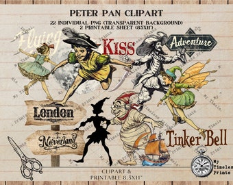 Clipart vintage de Peter Pan, PNG de Nunca Jamás, Diario basura (Descarga digital)