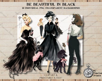 Vintage Ladies in Black Clipart, 50s Fashion PNG (Digital Download)