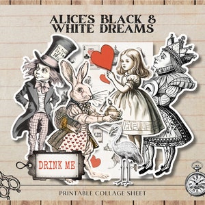 Alice's Black & White Dreams, Vintage Alice im Wunderland, digitales Collage Sheet Scrapbooking, Kartenherstellung, digitaler Download, Junk Journal