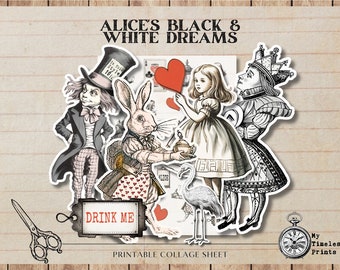 Alice's Black & White Dreams, Vintage Alice in Wonderland, Digital Collage Sheet Scrapbooking, Card Making, Digital Download, Junk Journal