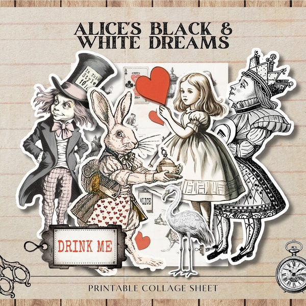 Alice's Black & White Dreams, Vintage Alice in Wonderland, Digital Collage Sheet Scrapbooking, Card Making, Digital Download, Junk Journal