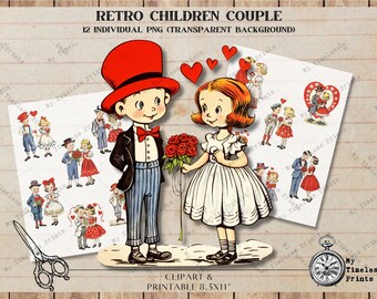 Coppia di bambini retrò, bambino vintage anni '50, foglio di collage digitale Scrapbooking, amore, PNG, San Valentino, download digitale, diario spazzatura, vintage