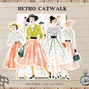 Passerella retrò, Vintage Ladies anni '50, Scrapbooking di fogli di collage digitale per la creazione di biglietti, PNG, Natale, Download digitale, Diario spazzatura