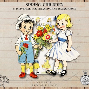 Frühlingskinder, Vintage 50er Jahre Kind, Digital Collage Sheet Scrapbooking, Frühling, PNG, Osterkind, digitaler Download, Junk Journal, Vintage