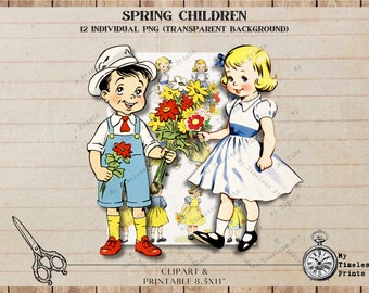 Spring Children, Vintage 50s child, Digital Collage Sheet Scrapbooking, Spring, PNG, Easter Child, Digital Download, Junk Journal, Vintage