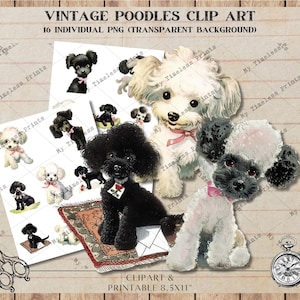 Foglio Collage di clip art barboncini vintage, creazione di biglietti per cani barboncino, decoupage, immagine stampabile scrapbooking, download digitale, diario spazzatura