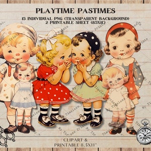Passatempi di gioco, bambole retrò foglio collage stampabile digitale per bambine, dolly dingle, immagine stampabile scrapbooking, digitale, Junk Journal
