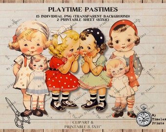 Playtime Pastimes, Baby Girls Digital Printable collage sheet retro dolls, dolly dingle, scrapbooking printable image, Digital, Junk Journal