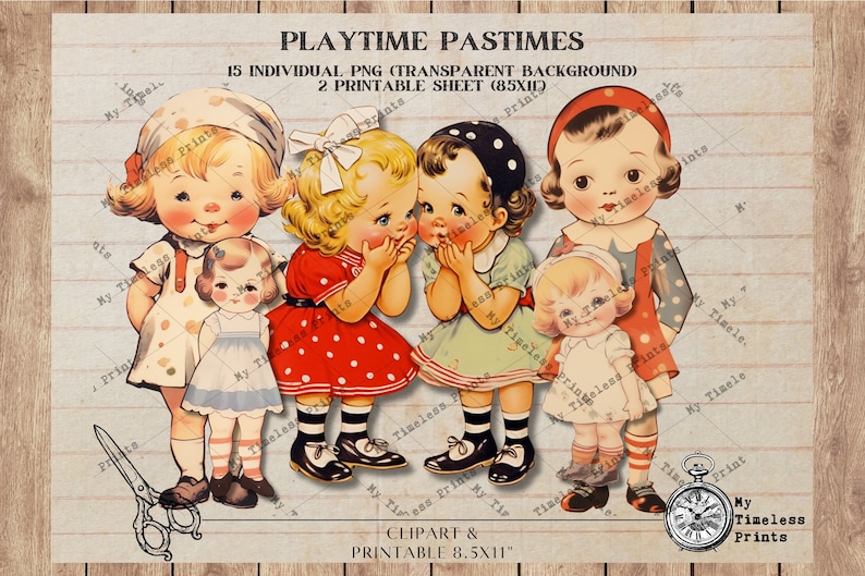 Playtime Pastimes, Baby Girls Digital Printable collage sheet retro dolls, dolly dingle, scrapbooking printable image, Digital, Junk Journal image 1