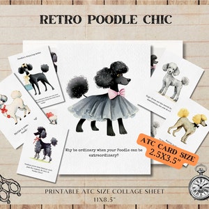 Retro Poodle Chic, foglio collage stampabile digitale retrò, scrapbooking, tag carte ATC digitali ACEO, download digitale, diario spazzatura, cani