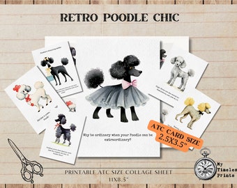 May include: Printable collage sheet featuring watercolor illustrations of poodles in various poses. The sheet includes the text "Retro Poodle Chic" and "Why be ordinary when your Poodle can be extraordinary?" The sheet is 11x8.5 inches and includes 6 individual cards that are 2.5x3.5 inches.