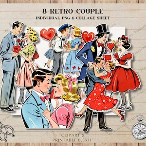 8 Retro Para, Vintage Fifties 50s Couples, Clipart, Digital Collage Sheet Scrapbooking, Card Making, PNG, Digital Download, Junk Journal
