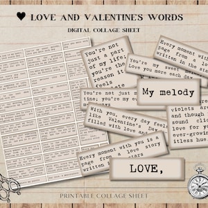 Foglio di collage digitale Amore e parole e frasi di San Valentino Citazioni Amore di San Valentino cartolina di San Valentino stampabile vintage Diario spazzatura