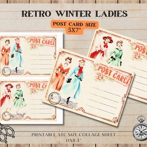 Dames d'hiver rétro, dames vintage des années 50, taille carte postale, collage numérique feuille de scrapbooking, fabrication de cartes, PNG, téléchargement numérique, journal indésirable