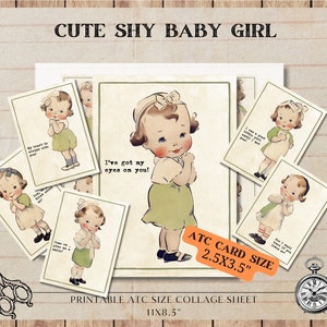 Carina bambina timida, foglio collage stampabile digitale retrò, scrapbooking, tag immagine carte ATC digitali ACEO, download digitale, diario spazzatura