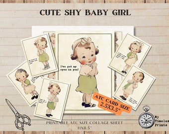 Cute Shy Baby Girl, Digital Printable collage sheet retro, scrapbooking, Image Tags Digital ATC Cards ACEO, Digital Download, Junk Journal