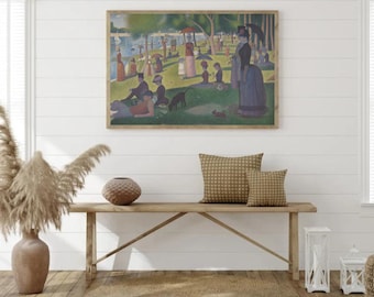 May include: A painting of people in a park, with a brown wooden bench, two pillows, and a vase with dried flowers in front of it.