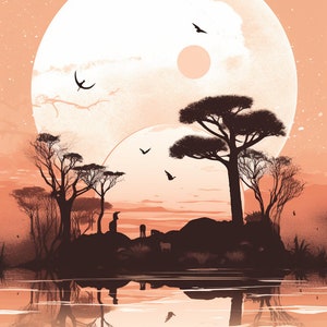 Boho Beauty: The Serene African Savanna - Beautiful Art, African Art, Unique Gift Digital Download, Wall Art, Minimalist Line Art, Black Art