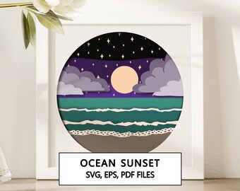 Ocean Sunset 3D Shadowbox SVG Cricut Project - Téléchargement numérique instantané