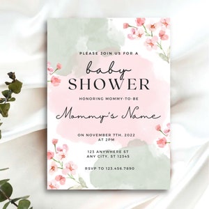 CUSTOMIZABLE Pink Watercolor Floral Baby Shower Invitation Template, Baby Girl Baby Shower Invite, Pink and Green Floral, Digital Download